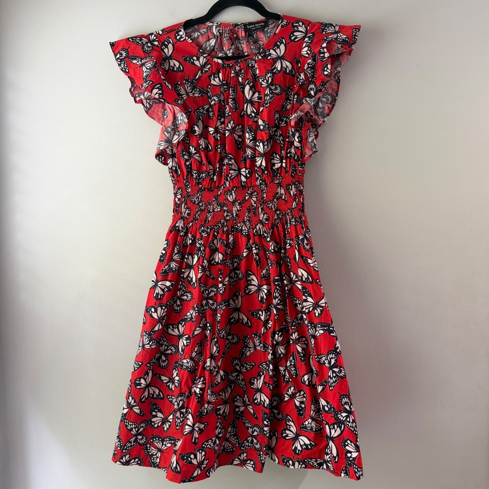 Kate Spade Butterfly Print Flutter Sleeve Smocked Dress Womens Medium Red Good